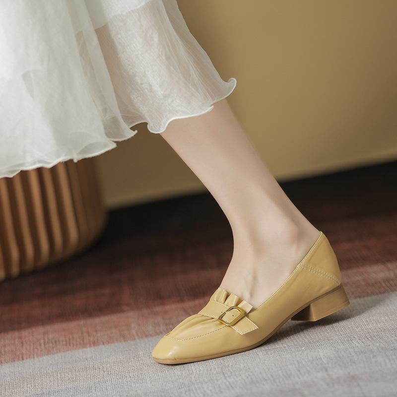 

Square head thick heel single shoes women s autumn square buckle pleated versatile light mouth middle heel grandma shoes women s metal square buckle 39