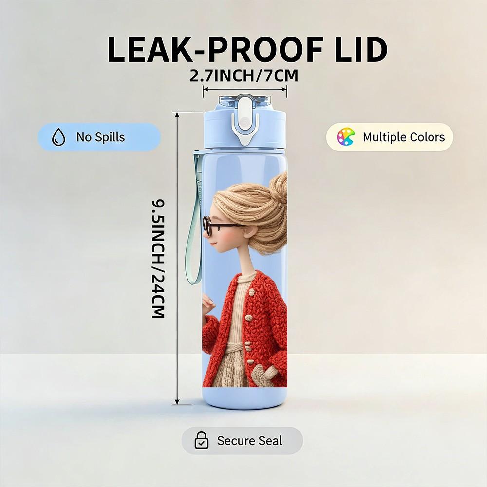 1PC Lady With High Bun Red Coat Portrait Print 750ml Color Plastic Sports Water Bottle Leakproof Flip Straw Lid Suitable for Sports Office Home Use