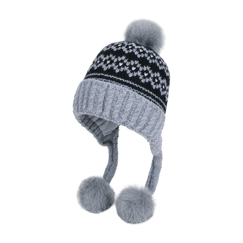 Fur Ball Ear Protection Knitted Hat Women Velvet Warm Wool Hat Big Head Cap