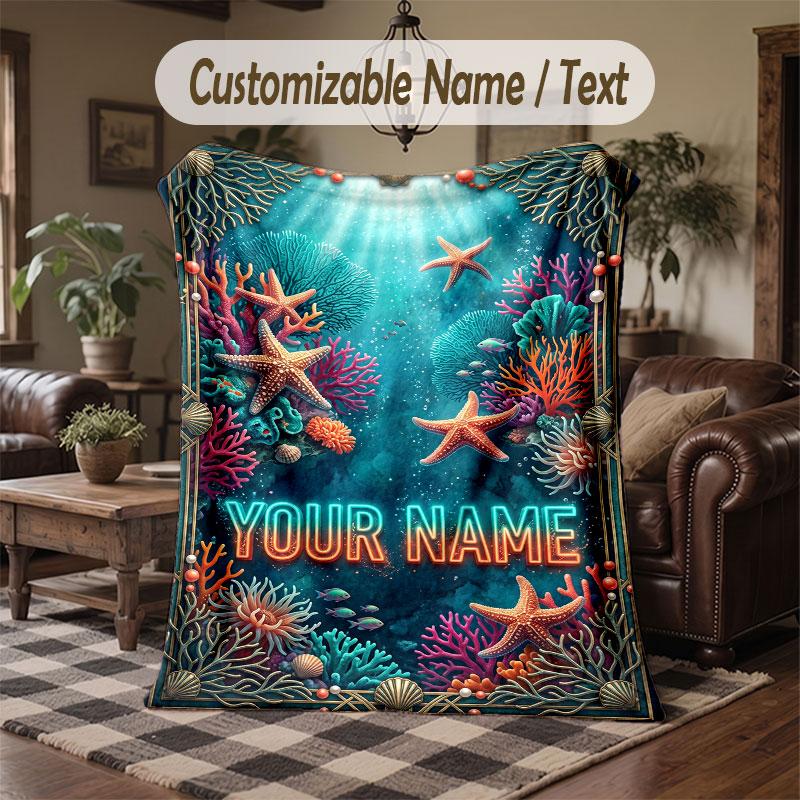 Mermaid Theme Throw Blanket Custom Name Text Personalized Blanket Soft Cozy Blanket for Home Sofa Bed