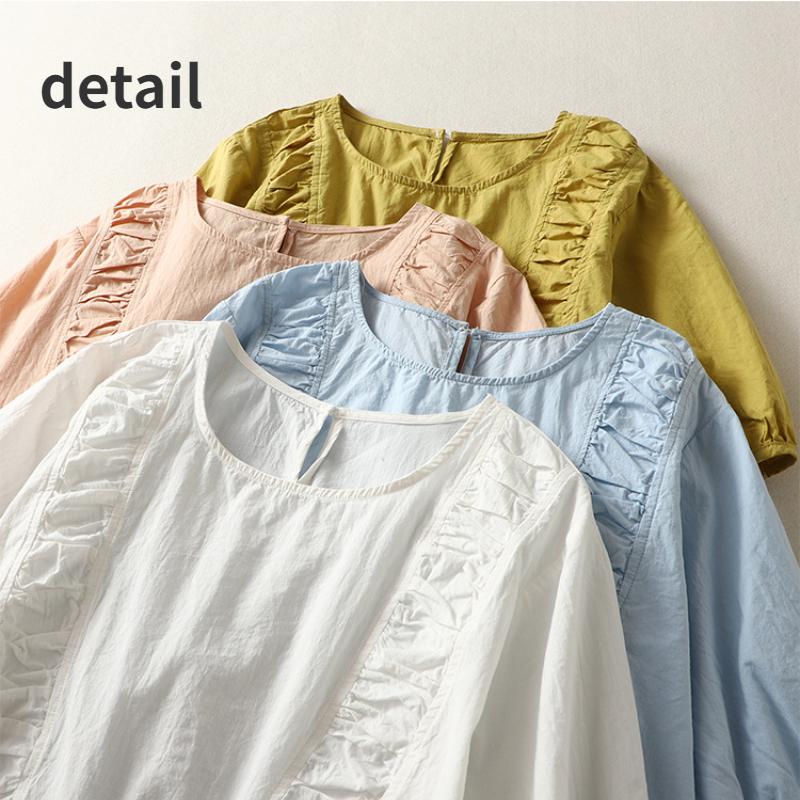 Summer Women Cotton Short Sleeve Crew Neck Ruched Siolid Pullover T-shirt Casual Fashion Breathable Lightweight Soft Comfortable Work Vacation Top