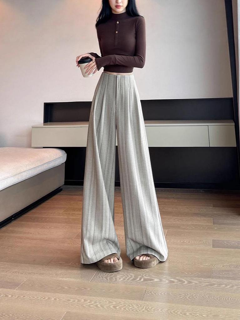 Women's Striped Wide-Leg Pants, Spring/Autumn 2026: Slimming High-Waisted, Floor-Length Drapey Casual Suit.