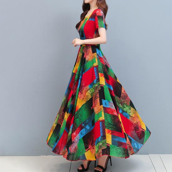Kobiety ubierają kolorowy nadruk z dużym obszyciem Letnia długa sukienka w kształcie litery A Streetwear