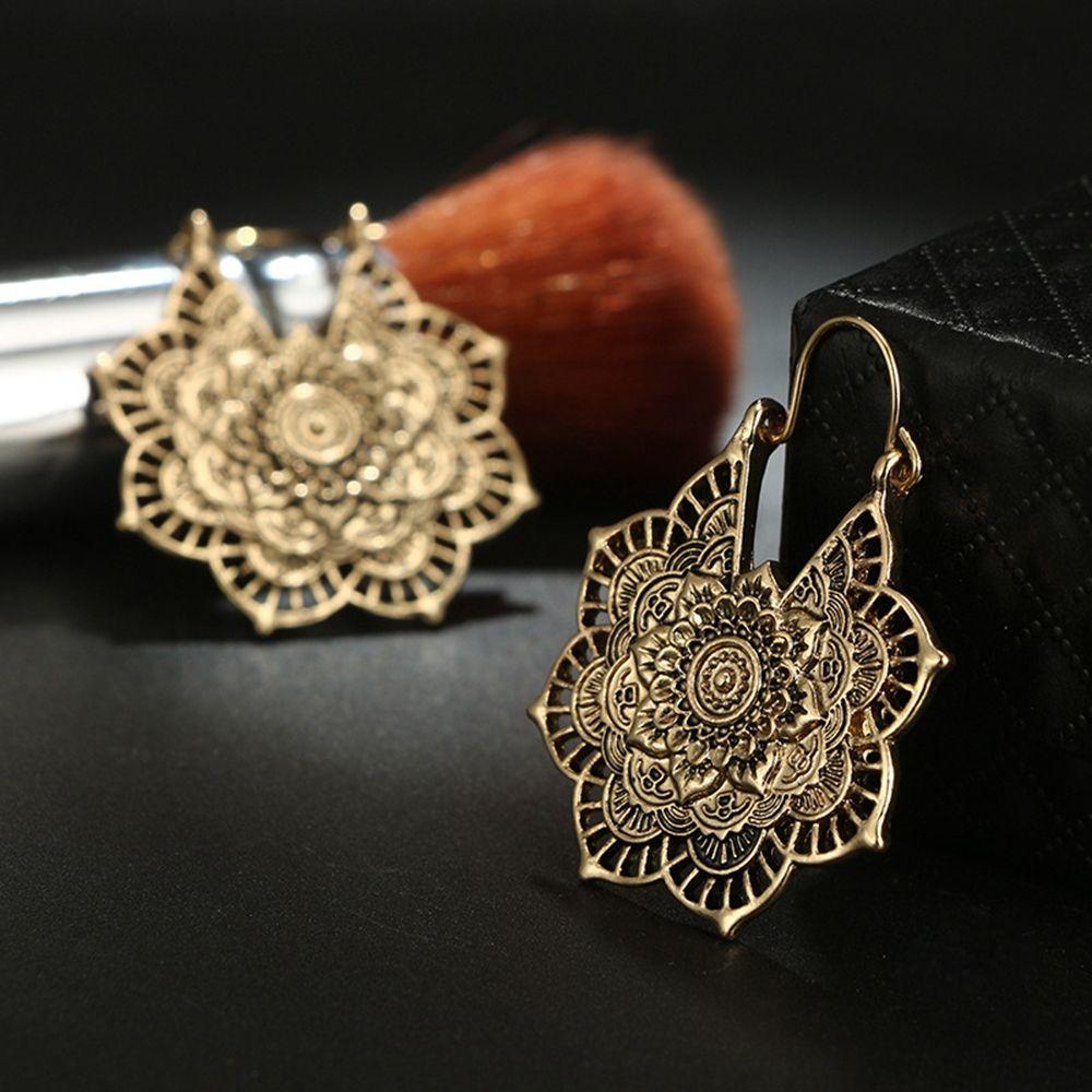 Antique Tribal Gypsy Dangle Ear stud Floral Earring Hollow Out Mandala Flower Pendant