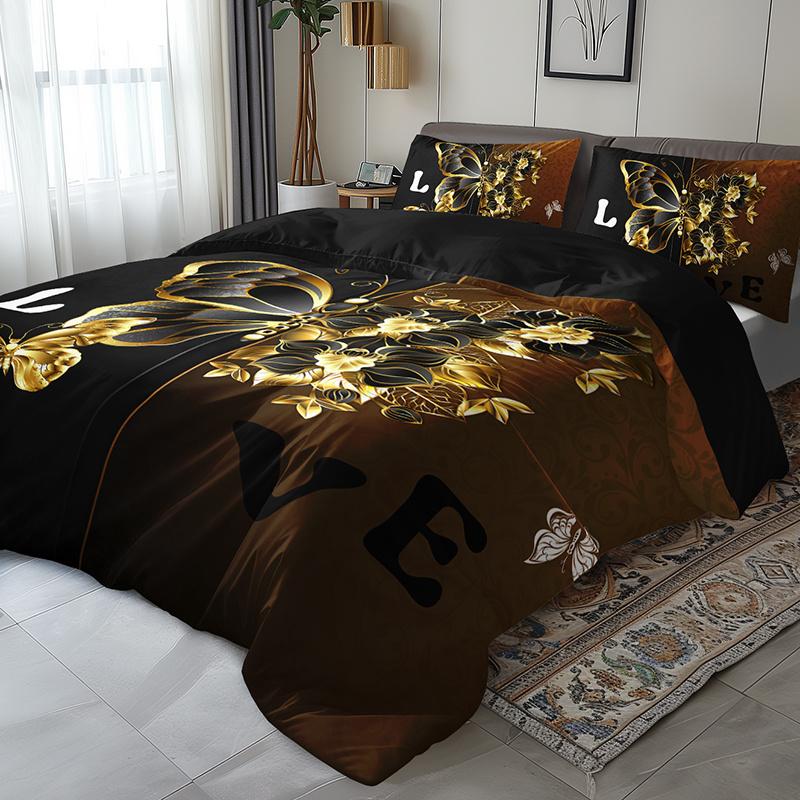 3Pcs Luxury Golden Butterfly Floral Bedding Duvet Cover Set Romantic Love Butterfly Bedding Quilt Set Black Golden Butterfly