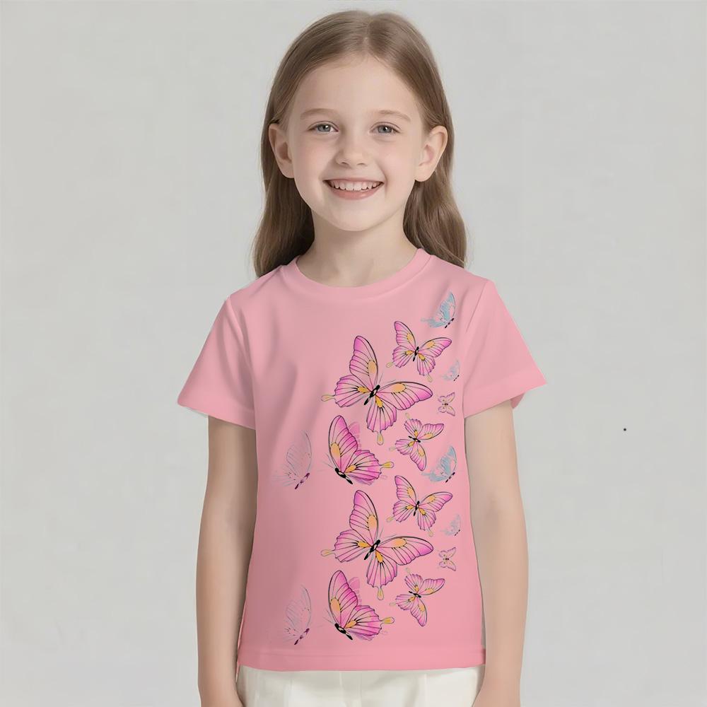 Kids T Shirt Short Sleeve Tee Gradient Butterfly Girls Clothes 5 to 6 Years Tops Tees Children's T-Shirt Round Neck Girl Blouse
