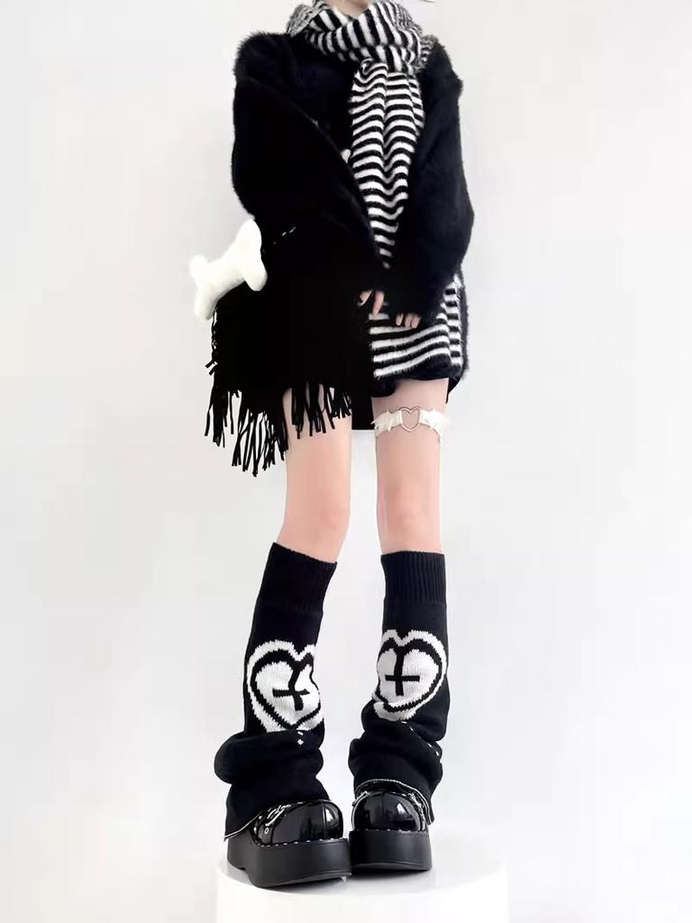 Y2K Punkowe Dzianinowe Ocieplacze na Nogi Gwiazda Gotycki Krzyż Harajuku Kobiety Serce Dwustronne Luźne Pokrowce na Nogi Skarpeta JK Wysokie do Uda Lolita