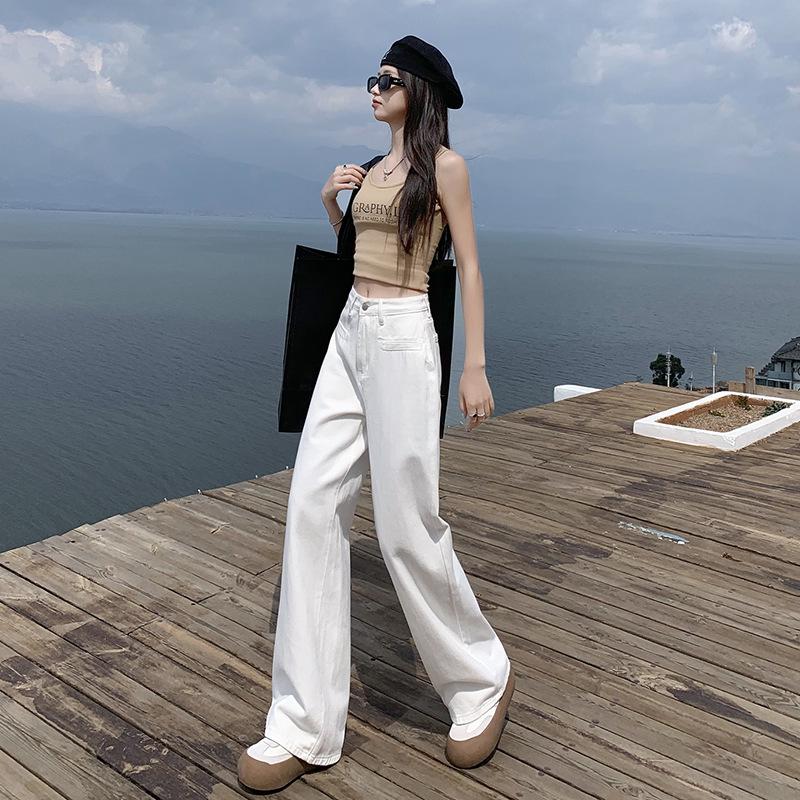 Women's High-Waisted White Wide-Leg Jeans - Spring 2025 Collection, Slimming Petite Fit with Advanced Drape