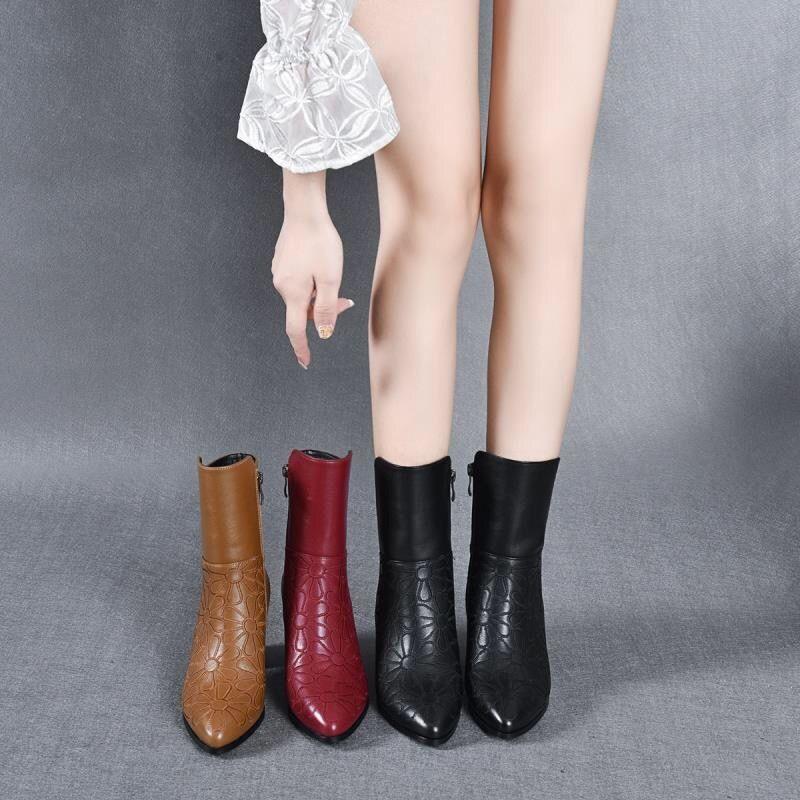 Women Ankle Boots Fashion Short Soft Leather High Heel Ladies Shoes Side Zipper for Women
