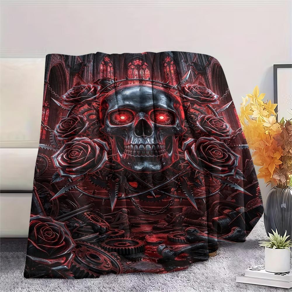 Red mechanical skull dragon Print Flannel Blanket,High quality Comfortable for All Seasons,Home Decor,Warmth and Comfort,Perfect for Christmas Gifts