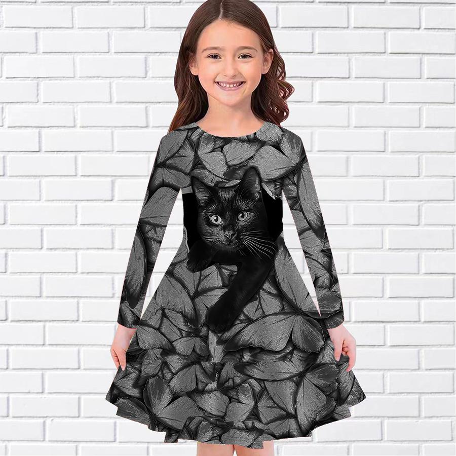 

Повседневное платье для девочек с принтом черной кошки и бабочки, круглым вырезом и длинными рукавами, детское платье принцессы 110 серый