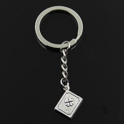 Fashion 30mm Key Ring Metal Key Chain Keychain Jewelry Antique   Plated Lucky Clover Book 15x13x3mm Pendant