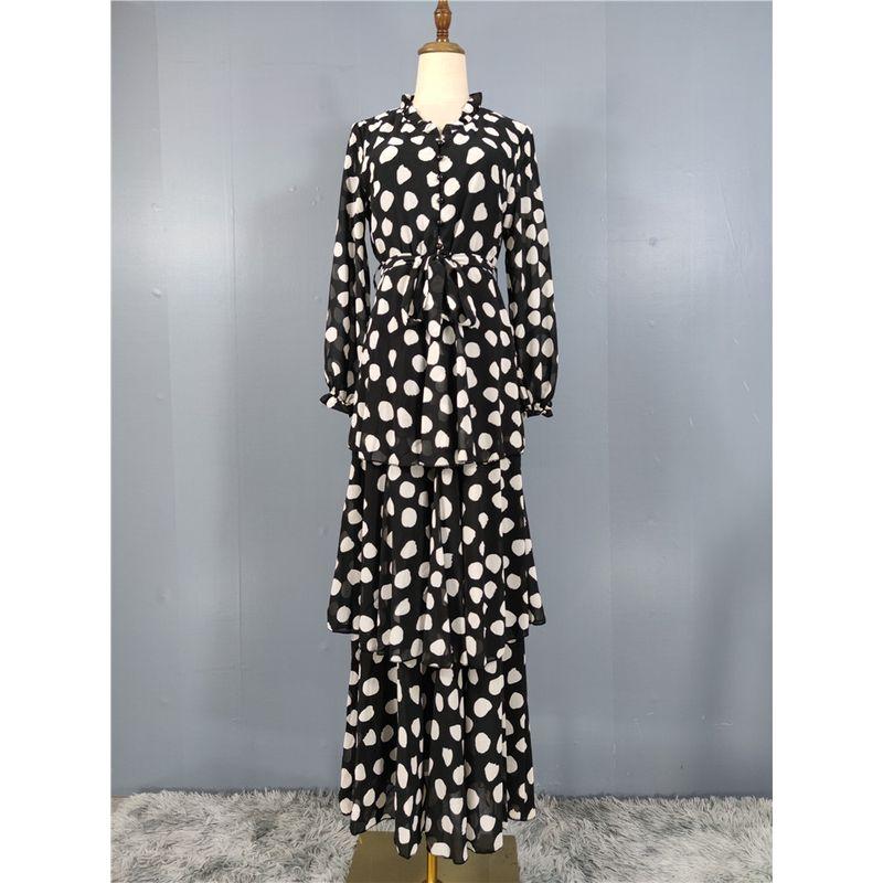 

Export Single Elegant Elegance Beautiful All-Match Polka Dot Long Sleeve Lace Lantern Plaid Layer Cake Casual Dress White Wave Dot on Black Bottom XL