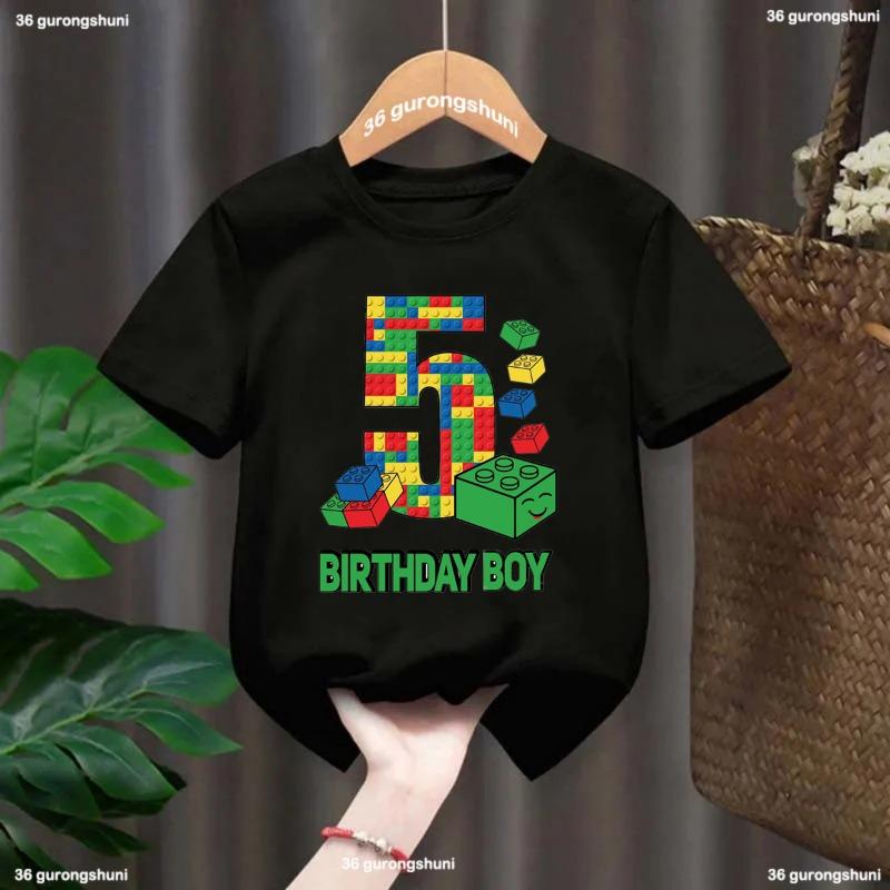 T-shirt Anniversaire Garçons 1-10 ans Briques de Construction Imprimé Graphique Bloc Amusant T-shirt Tout-Petit Cadeaux Enfants Vêtements Fête d'Anniversaire T-shirt