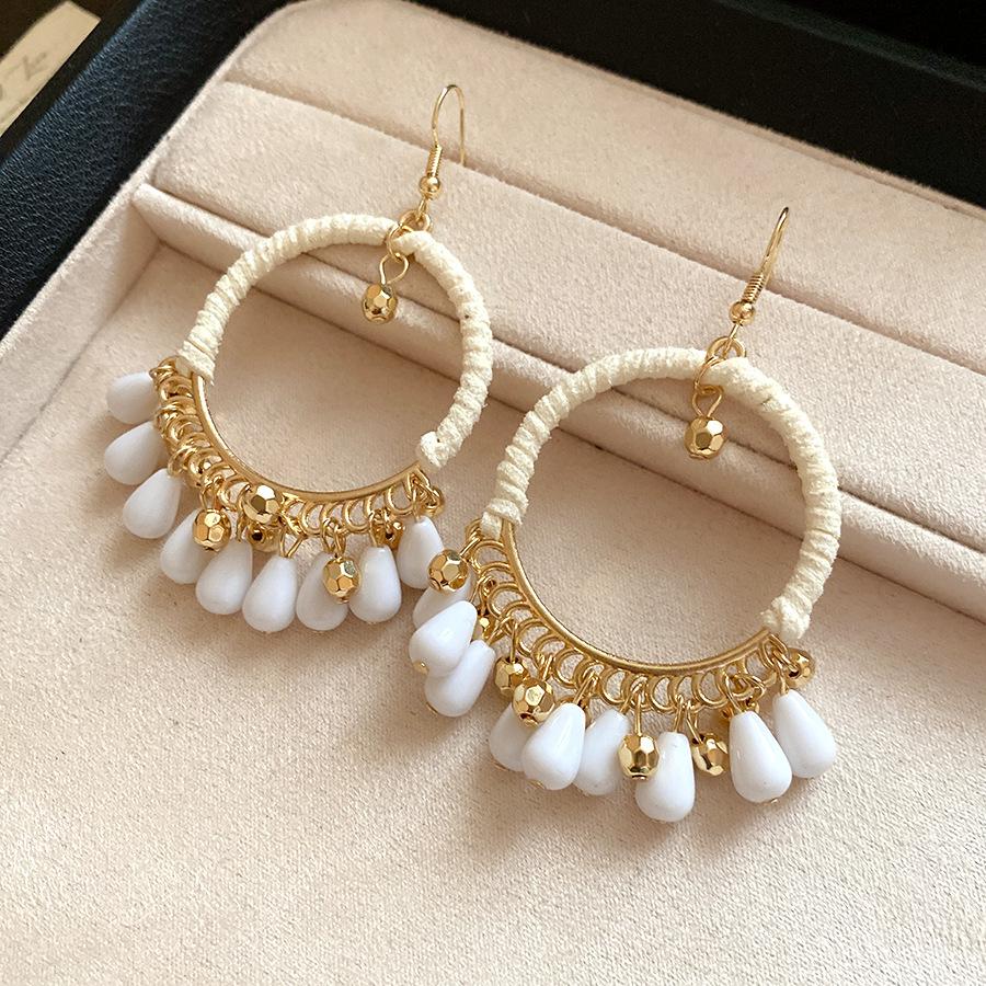 

Ethnic style retro cotton rope beaded water drop pendant ear hook bohemian temperament earrings fashion high sense earrings