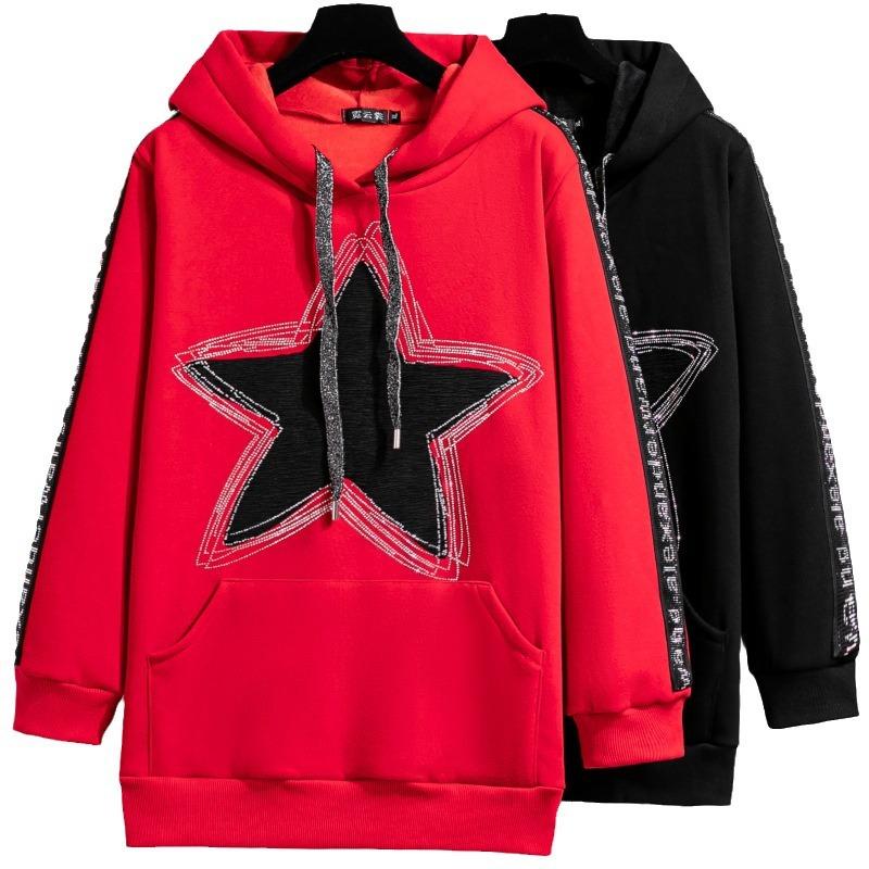 Sudadera con capucha y estampado de pentagrama de diamante de talla grande para mujer de otoño e invierno, chaqueta holgada, acolchada y gruesa de manga larga