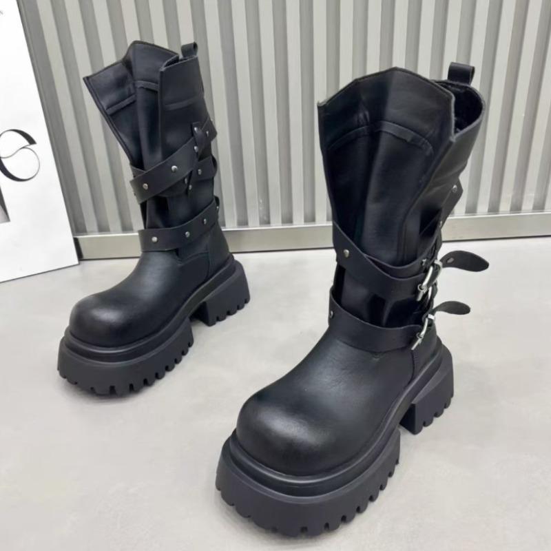 Fashion Platform Women Mid Heels Mid Calf Boots Designer Elegant Winter New Shoes 2025 Fashion Buckle Long Boots Dress Party Zapatillas