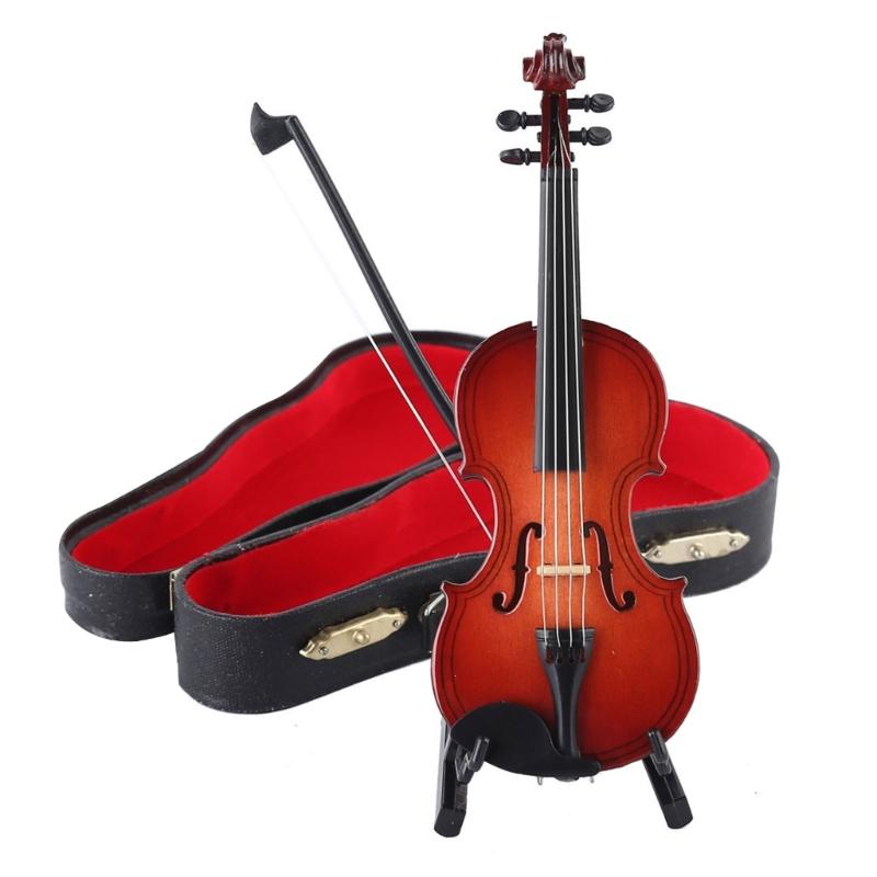 Mini Violin Model Set Wooden Miniature Violin with Stand,Case for Dollhouses Accessory Home Decoration Display Ornament