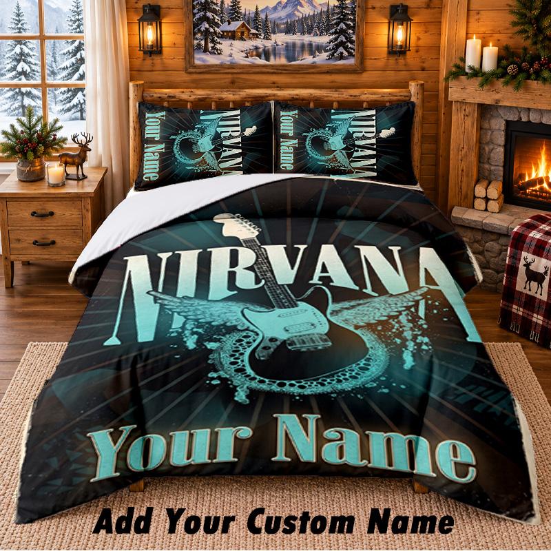 Σετ Κλινοσκεπασμάτων με Σχέδιο Nirvana 3 Τεμαχίων Προσαρμοσμένο Όνομα, Σεντόνι και Μαξιλαροθήκες Για Υπνοδωμάτιο Σπιτιού