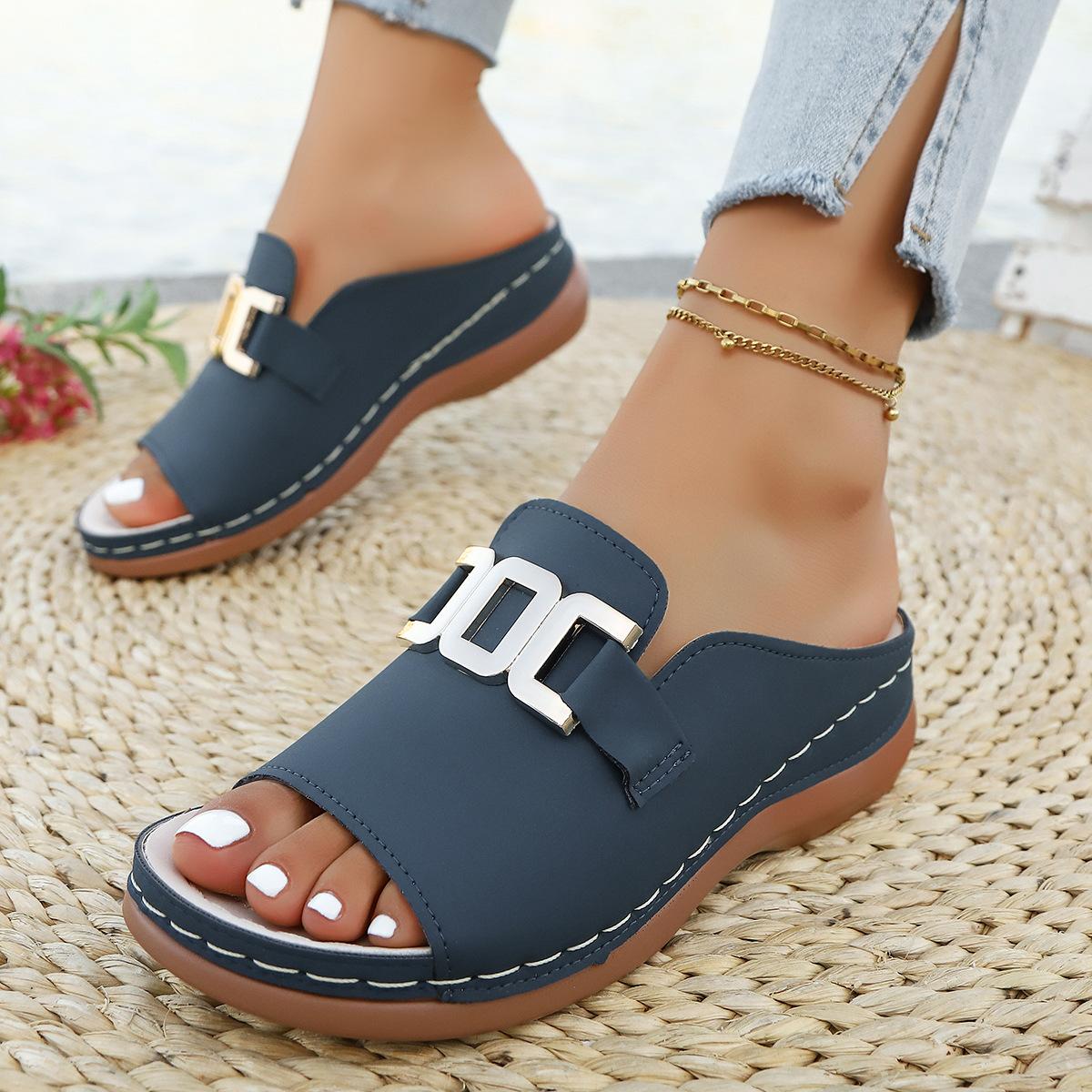

Women s Plus Size Peep Toe Wedge Slippers, decorated with metal buckle and thick platform sole for daily casual wear 43 синій