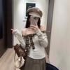 Sweet Spice Girl Plaid Splicing Shoulder T-Shirt Women's Spring New Korean Age-Reducing Bow Slim-Fit Inner Top