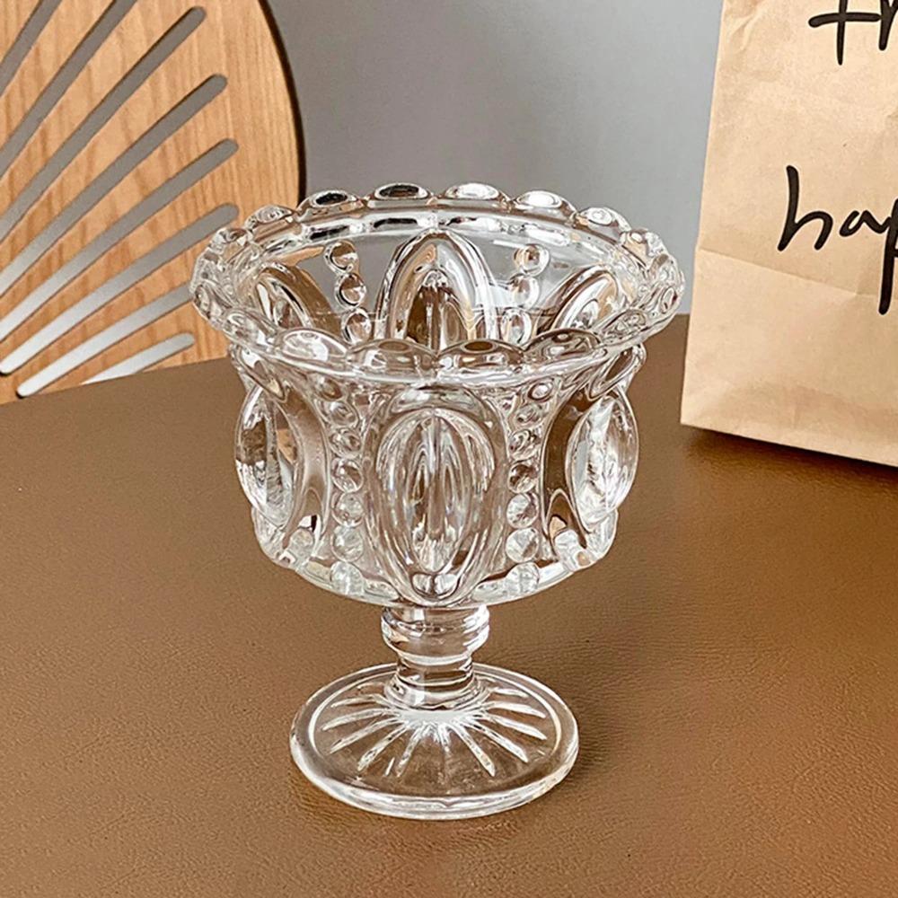 Retro Embossed Glass Ice Cream Cup High Footed Yogurt Dessert Cup Antique European Style Creative Coffee Cup