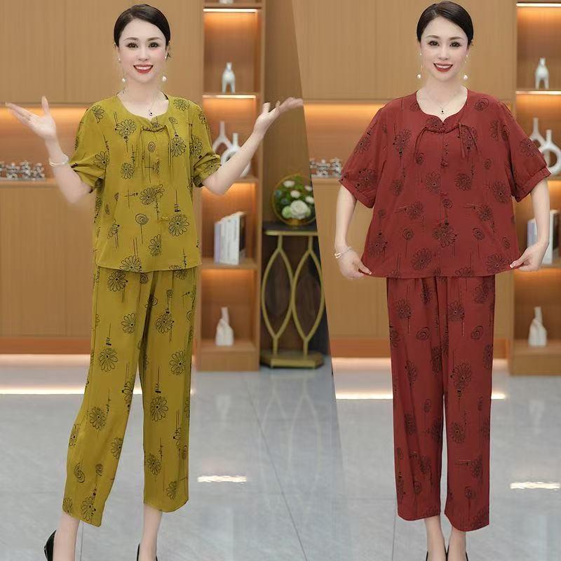Trendy Plus Size Summer Two-Piece Set for Mid-aged & Elderly: Stylish Loose Short Sleeve Top & Pants