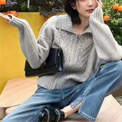 Autumn Lapel Zipper Twist Sweater Women's Coat Short Elegant Niche Knitted Cardigan Women's Clothing