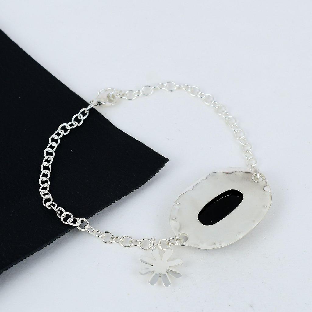 Naturlig Svart Onyx Ädelsten Handgjort 925 Sterlingsilver Armband, Svart Spinel Armband För Fru , Unisex Armband, Festkläder Gåva