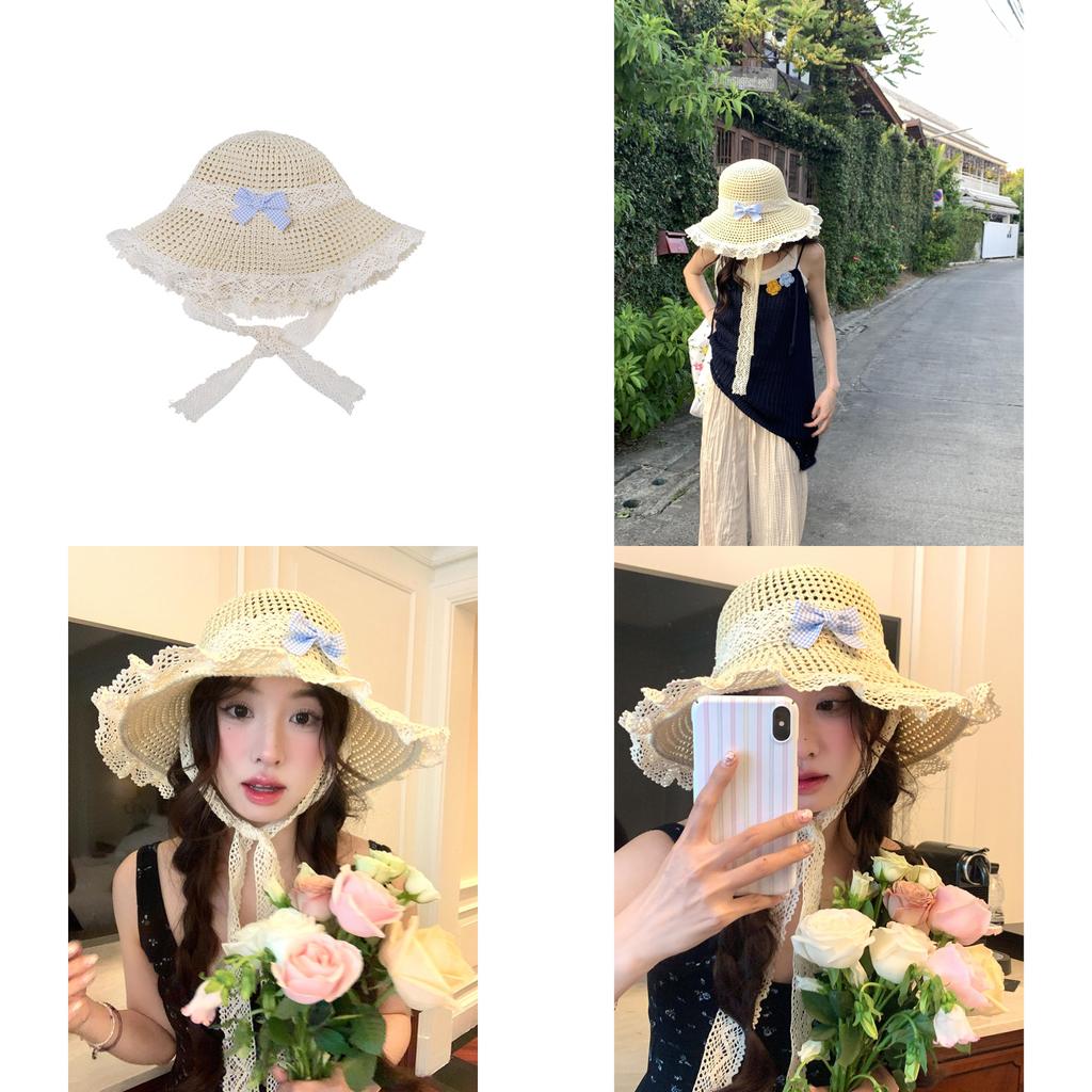 Trendy Japanese Country Style Beige Straw Fisherman Hat With Lace And Bow Detail