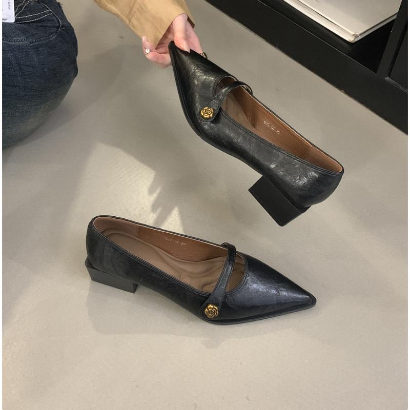 Vintage Low-heeled Women's Shoes Spring/Summer New Style Fashionable Golden Buckle Pointed-toe Comfortable Small Shoes