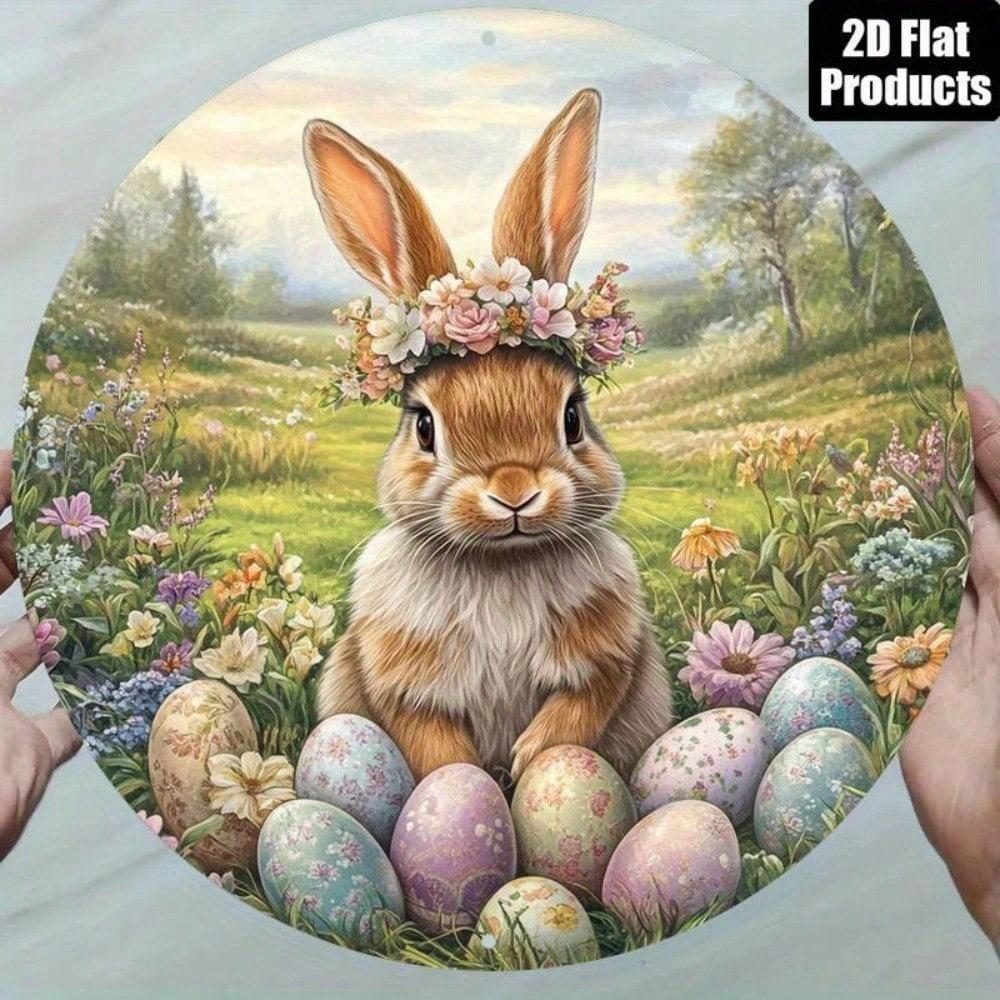Vintage Easter Bunny & Egg Round Metal Sign 8 Inch Spring Wall Plaque Holiday Party Home Office Decor