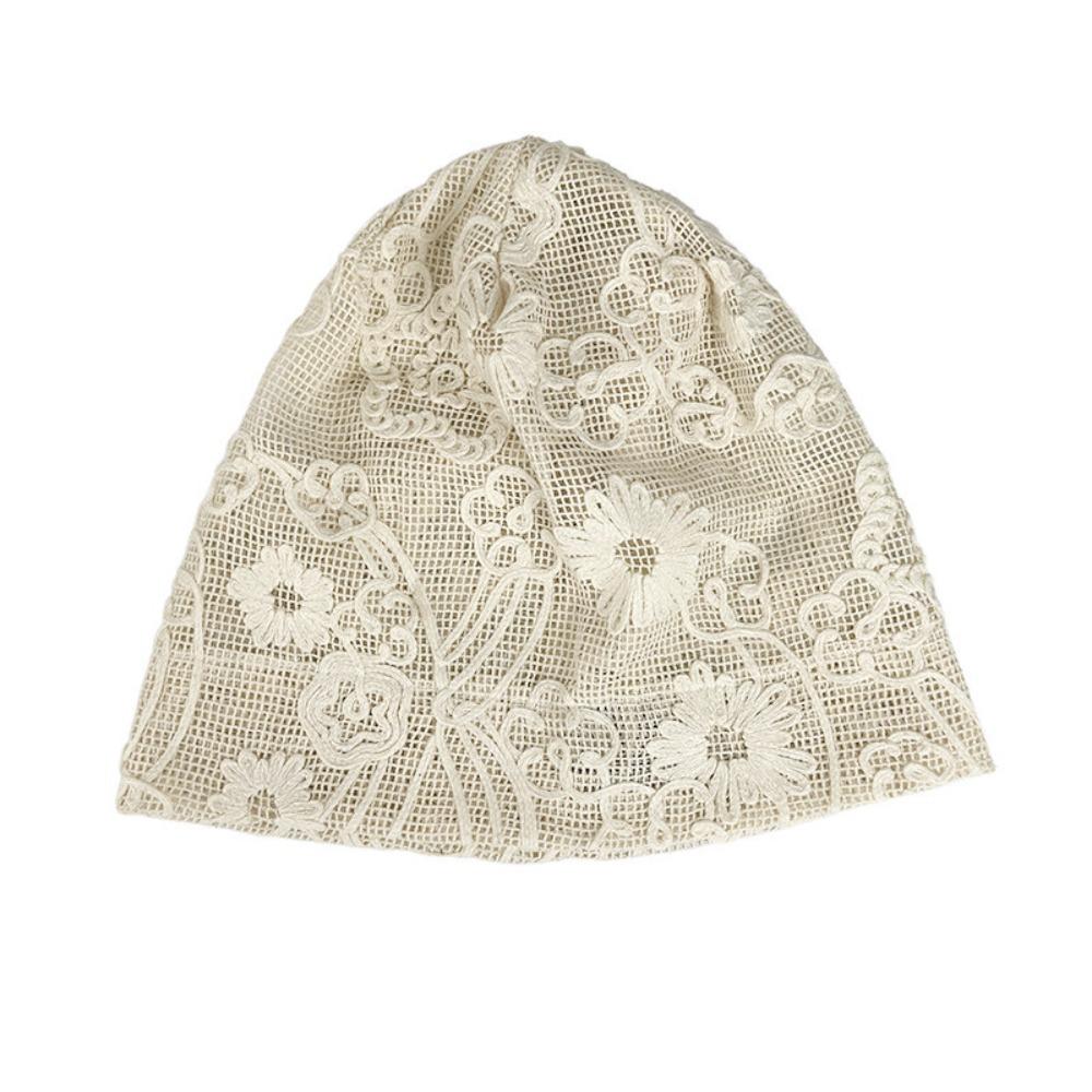 Spicy Girl Crochet Flower Lace Hat Embroidered Flower Pile Hat Hollow Out Beanies  Spring Summer бежевый