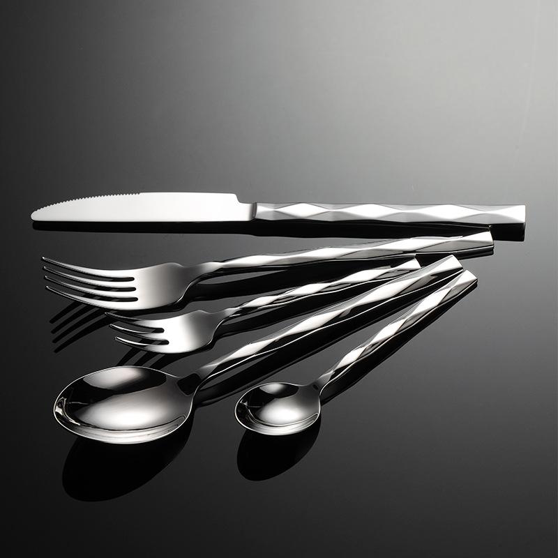 304 Stainless Steel Forged Square Handle Rhombus Pattern Western Food Knife, Fork and Spoon 5 Main Pieces Multi-specification Hotel Set Gifts