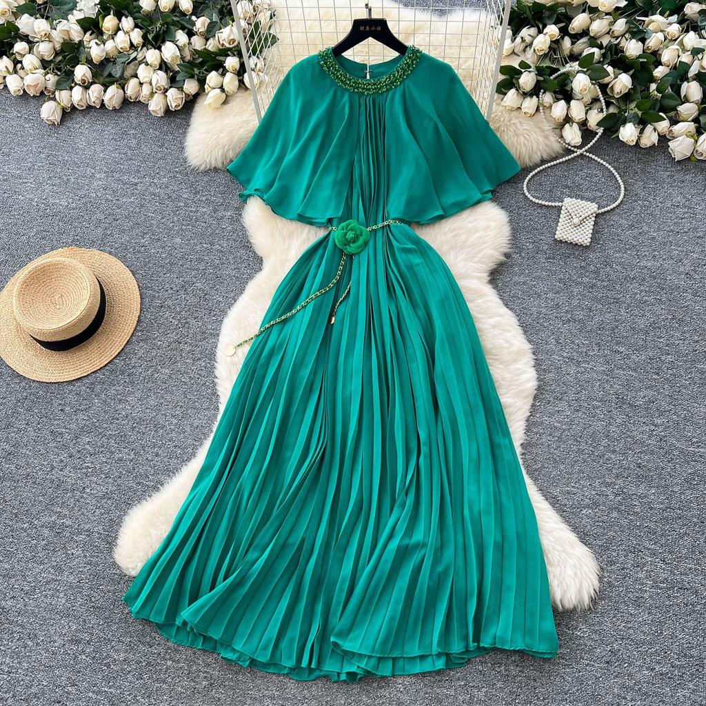 French fashion heavy industry diamond round neck shawl splicing strap waist thin temperament pleated chiffon dress women