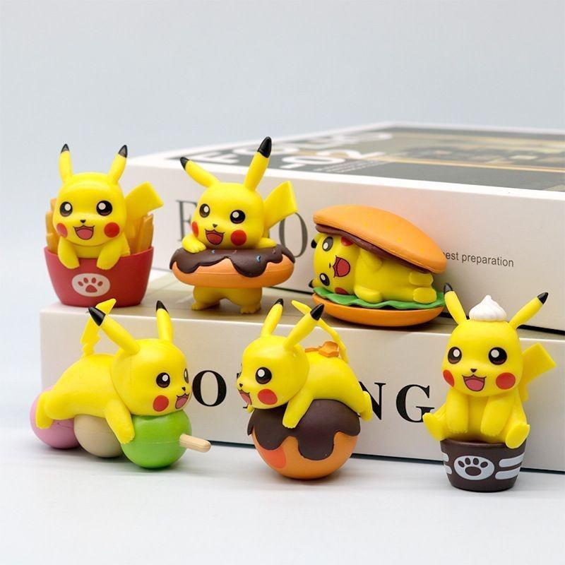 Toys Toys Trendy 6Pcs Anime Pokemon Figure Food Theme Series Burger Fries Donuts Pikachu Scale Ratio Model Doll Ideal Gift Presents PVC Figure