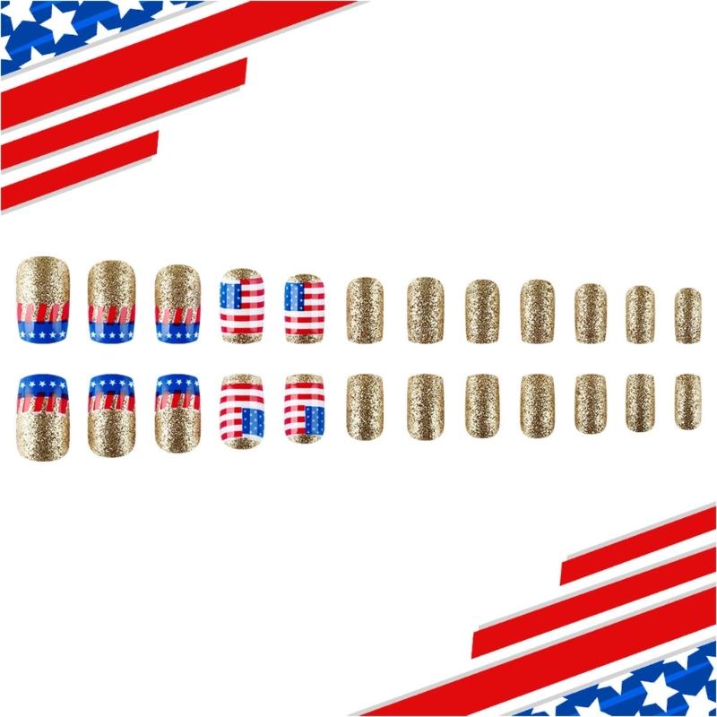 24 Pcs 4th of July Artificial Nail French Tip Stick on Nail Short Full Cover False Nail Independence Day Press On Nail