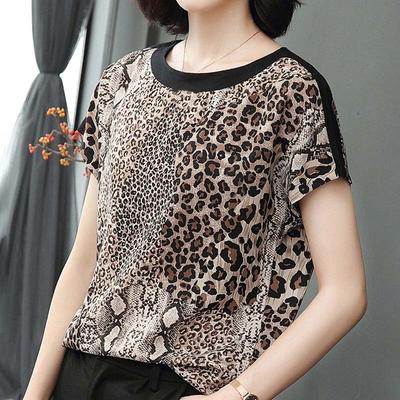 Tops Women Summer Large Size Leopard T-shirt Loose Casual Round Collar Pullover T-shirt Top