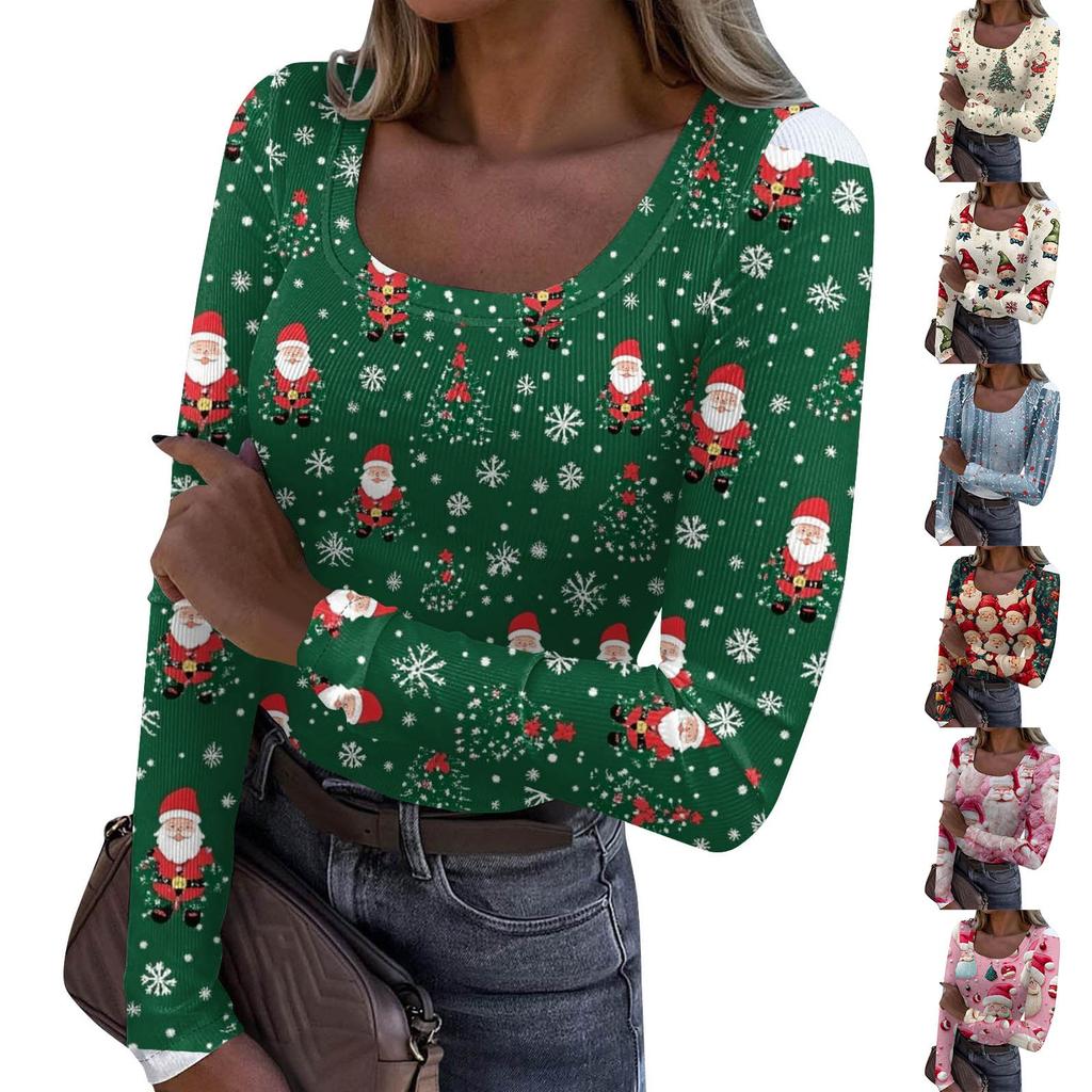 Women's Fashion Slim Bottom Casual Long Sleeve Christmas Printed Pullover U Neck Top