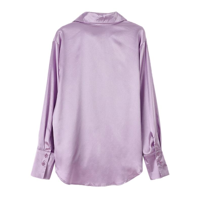 Damen 2023 Elegant Satin Einfarbig Langarm Blusen Damen Chic Vintage Blau Grün Lässig Locker Sitzend Knöpfe Hemden Oberteile