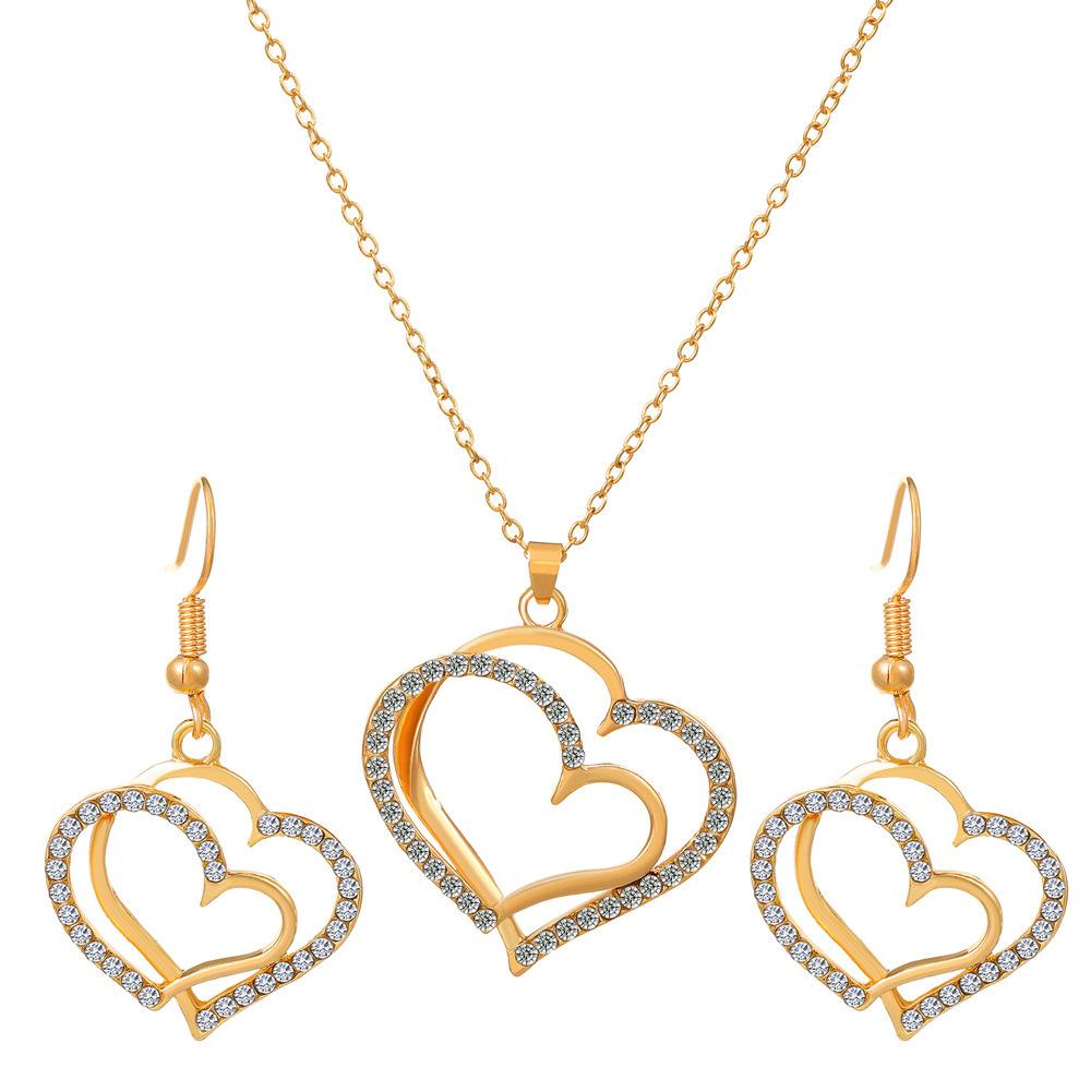 Necklace Women's Love Jewelry Set Retro Fashion Personality Alloy Diamond Hollow Heart Pendant Earrings