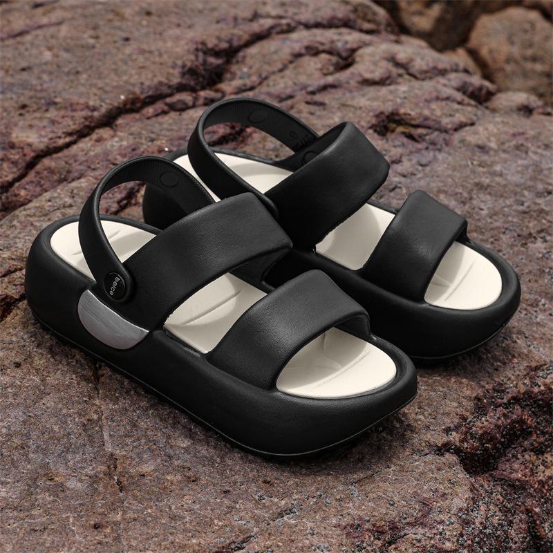 

Женские сандалии на толстой подошве с открытым носком: Летняя дышащая, нескользящая обувь с увеличением роста для пляжа, сада и улицы 35-36 чёрный