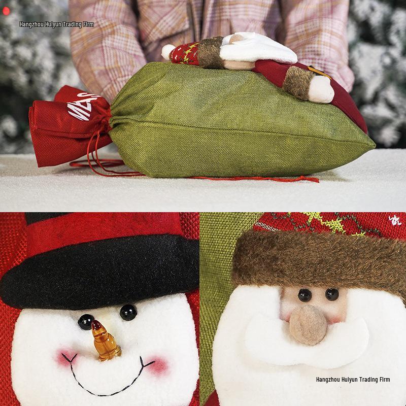 Three-Dimensional Santa Claus Burlap Backpack Candy Bag - Large Christmas Gift Decoration