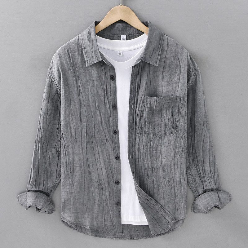 Spring Summer Retro Distressed Pleat Cotton Linen Long Sleeve Shirts Men's Chinese Style Loose Casual Shirt Breathable Linen