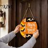 Indoor Outdoor Decor Halloween Trick or Treat Wooden Door Sign, Retro Round Bat Silhouette Decorative Hanger Hanging Plaque for Home Front