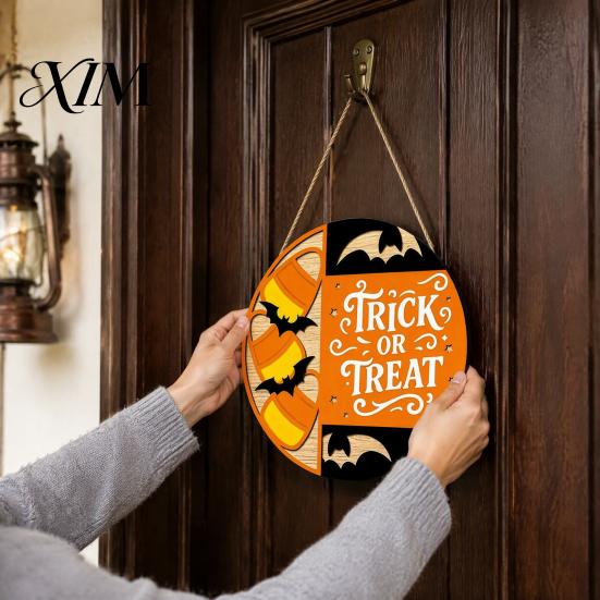 Indoor Outdoor Decor Halloween Trick or Treat Wooden Door Sign, Retro Round Bat Silhouette Decorative Hanger Hanging Plaque for Home Front