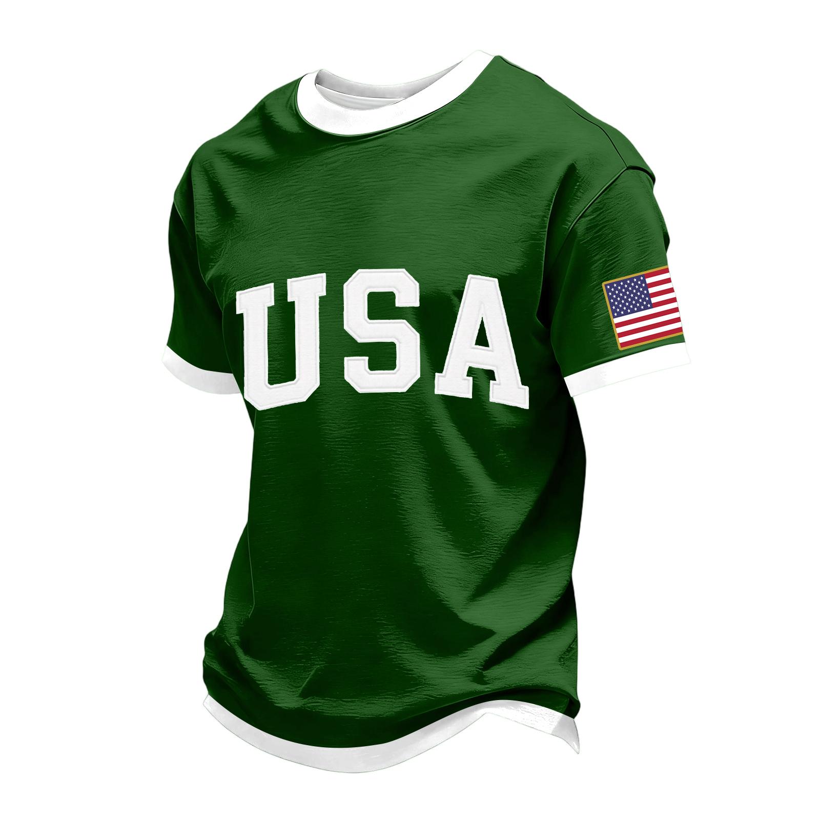 

USA Letter Print Short Sleeve T Shirt Crew Neck Flag Patch Casual Loose Fit Top for Men and Women L армия зеленый