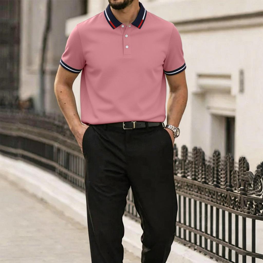 Men's Summer Casual Polo Shirt Short Sleeve Breathable Lightweight Soft Fabric Classic Fit Collared Button Placket