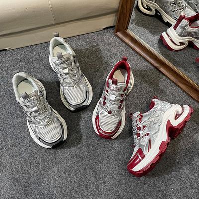 Ademende mesh dad sneakers met dikke zool, damesschoenen met kleine hoogteverhoging voor bij een rok, nieuwe casual sportschoenen voor de zomer van 2025