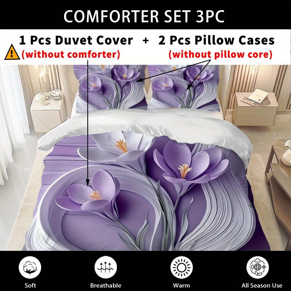 3pcs Bedding Set Purple Flowers 3D Printed Cozy Soft Duvet Cover King Queen Twin Size Birthday Gift for Adult Home Bedroom Decor